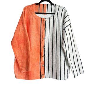 Colorblock Coral & White Striped Cardigan • Oversized Open Front • Womens XL/XXL